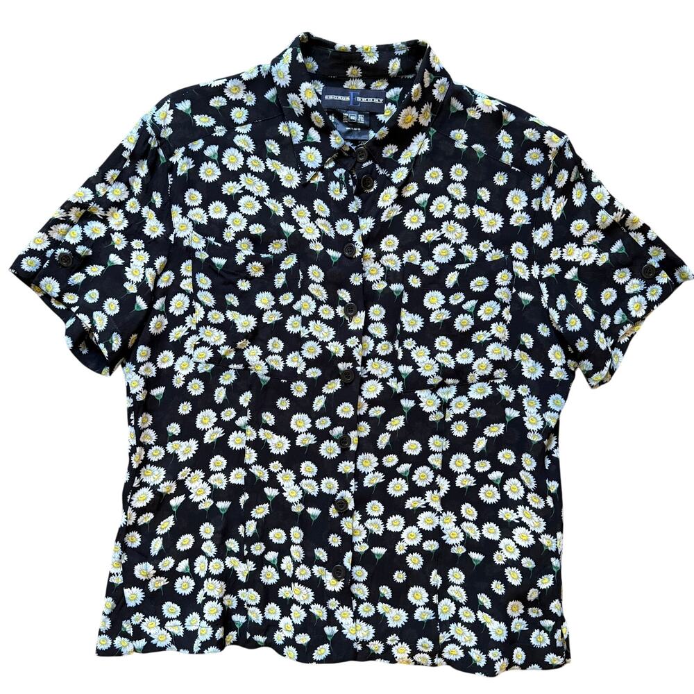 Escada Sport Daisy Print Floral Button Front Blouse Women’s 42 Black White